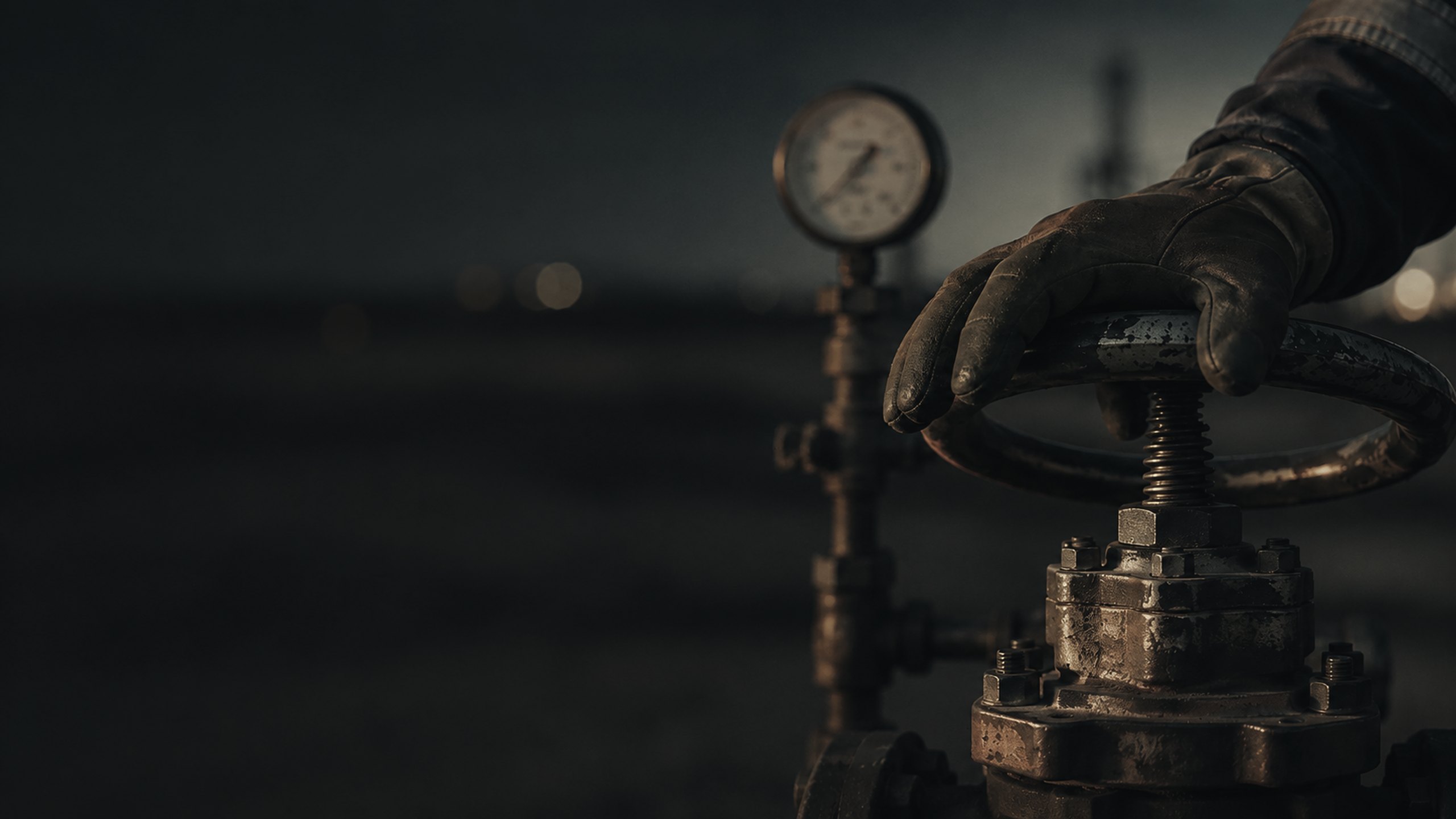 A gloved hand resting on the handwheel of a wellhead gate valve at dusk
